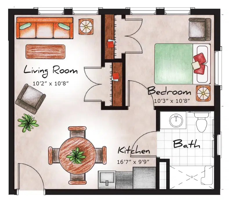 Assited Living One Bedroom 477 sq. ft