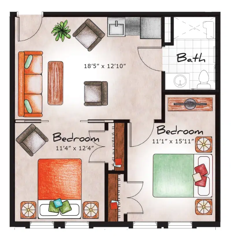 Assited Living Two Bedroom 643 sq. ft
